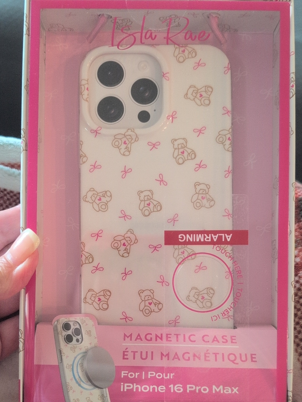 Magnetic Phone Case for iPhone 16 Pro Max — White with Pink & Tan Bear Print